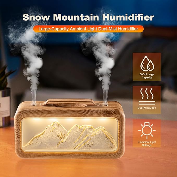 600ML Dual Mist Spray Snow Mountain Essential Oil Diffuser with 3 Modes Night Light USB Desktop Humidifier for Bedroom Home Office