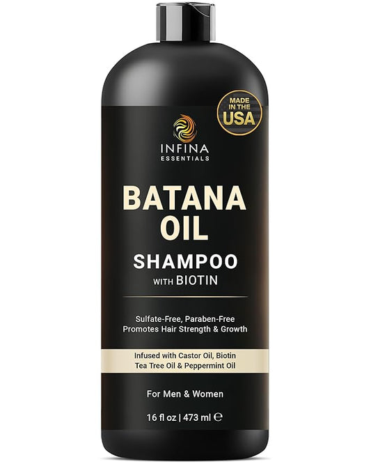 INFINA ESSENTIALS Batana Oil Shampoo | 16 fl oz | with Biotin & Tea Tree | Moisturizing, Strengthening & Nourishing Formula | Promotes Hair Growth and Thickness