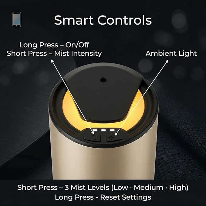 Scentia MiniPod Gold Waterless Diffuser for Essential Oil, Smart Car Air & Home Freshener with 3 Mist Levels & LED Light, Auto On/Off Rechargeable, Portable Scent Air Machine