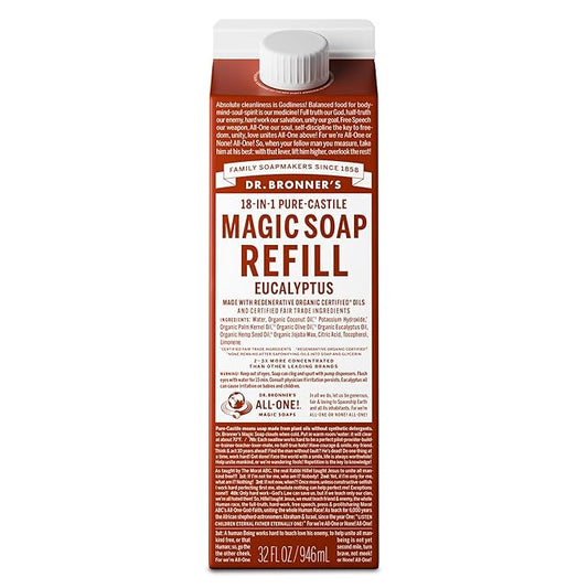 Dr. Bronner's Magic Soap-Pure-Castile Liquid Refill (Eucalyptus, 32 ounce, 1-Pack) - Regenerative Organic Certified Oils, For Body, Hair, Laundry, Pets & Dishes, Concentrated, Vegan, Non-GMO