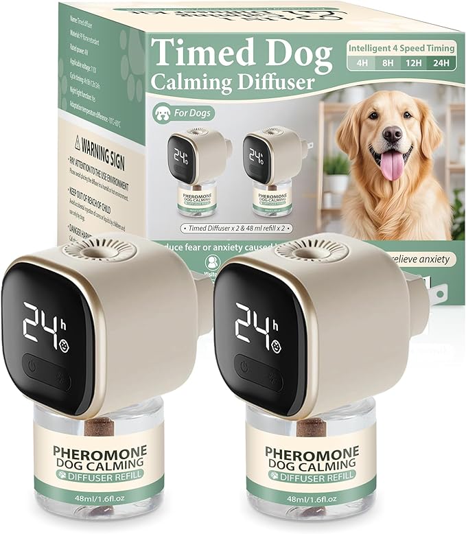 Dog Calming Pheromones Diffuser 4 in 1 Appeasing Relaxing Diffuser with Timing Function Pet Kit (2 Plug in +2 Refill 48ml) for Anxiety Relief Reduce Aggression Barking Fighting Stress (Tasteless)