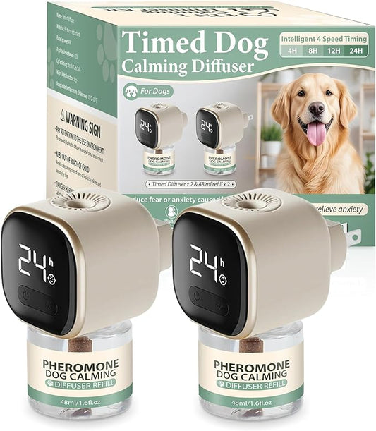 Dog Calming Pheromones Diffuser 4 in 1 Appeasing Relaxing Diffuser with Timing Function Pet Kit (2 Plug in +2 Refill 48ml) for Anxiety Relief Reduce Aggression Barking Fighting Stress (Tasteless)