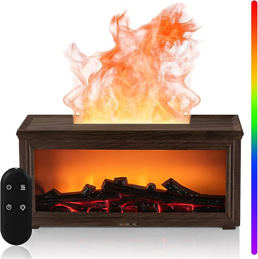 Fireplace Flame Essential Oil Diffuser Humidifier - Ultrasonic Aroma Diffuser with 7-Color Flame Effect, Remote Control & Auto-Off Timer for Bedroom, Home Office,Yoga(Dark Wood Grain)