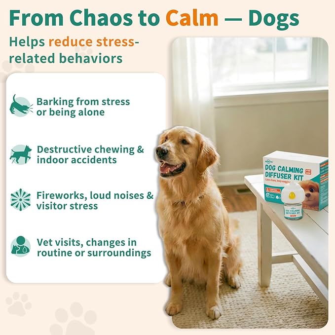 Dog Calming Diffuser with Pheromones – Calming Diffuser for Dogs, Helps Reduce Anxiety, Stress & Barking, Drug-Free Dog Pheromone Diffuser with 2 Refills