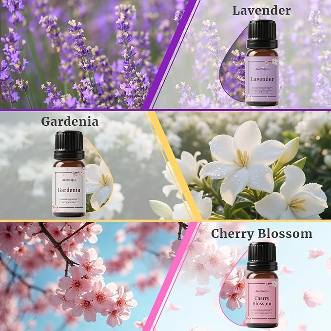 Flowers Fragrance Oils, Aromtopia Floral Essential Oils for Diffusers for Home, 6x10ml, Fragrance Oil for Soap Candle Making, Lavender, Rose, Gardenia, Cherry Blossom, Jasmine, Neroli