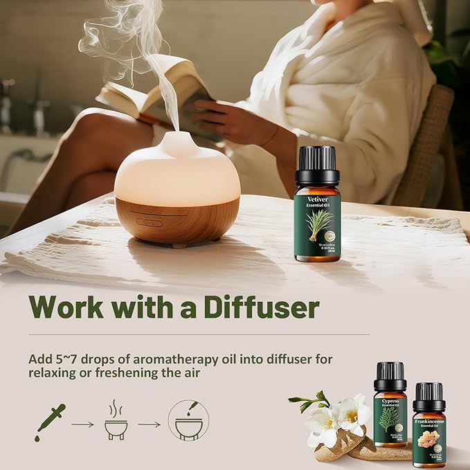 6 Pack Pure Woody Essential Oils Set, Natural Sandalwood, Cedarwood, Tea Tree, Cypress, Frankincense, Vetiver for Aromatherapy Diffuser, Meditation, Candle & Soap Making, 6x10ml