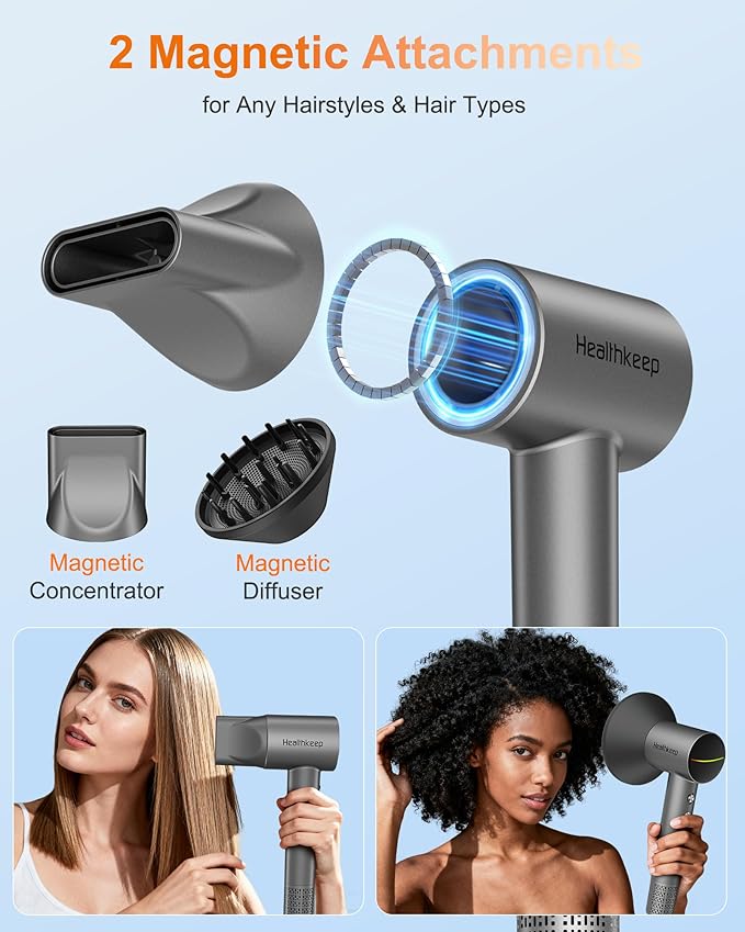 Hair Blow Dryer with Diffuser: 1500W High-Speed Brushless Motor 500M Ionic Technology, Thermo-Control Low Noise for Curly, Straight & Damaged Hair, Home Travel Salon
