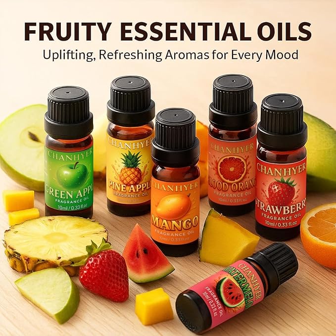 Fruity Essential Oils Set-6 x 10ml-Green Apple,Watermelon,Strawberry,Pineapple,Blood Orange,Mango,Sweet Aromatherapy Oils for Diffuser,Humidifier,Candle & Soap Making