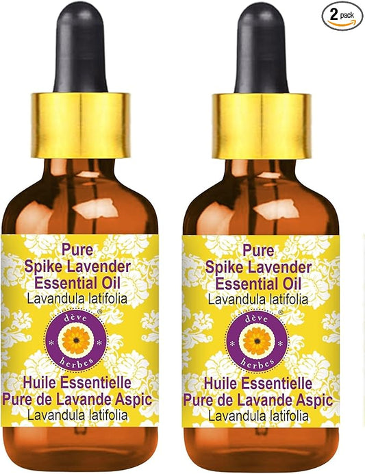 Deve Herbes Pure Spike Lavender Essential Oil (Lavandula latifolia) with Glass Dropper Steam Distilled (Pack of Two) 100ml X 2 (6.76 oz)