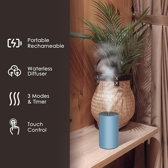 Waterless Essential Oil Diffuser, 7 Colors LED Light, Battery Powered Mini Scent Air Machine, Aromatherapy Mist Diffuser for Home Room Car Office，Black Aluminum Alloy (Blue)