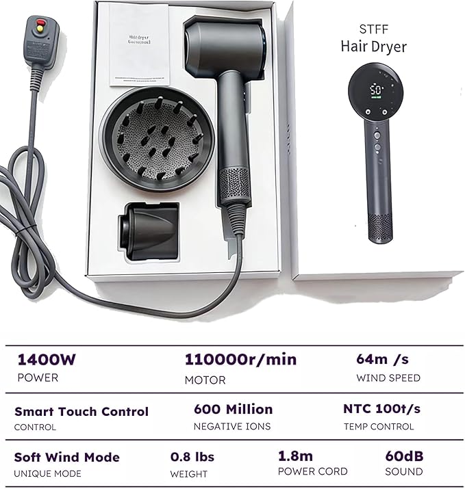 STFF ion Hair Dryer high Speed brushless Motor with Blow Dryer Diffuser,1400W Ultra-Fast Dryer,Ultra-Ligh, Low Noise,Intelligent LCD Display,for Women/Girls