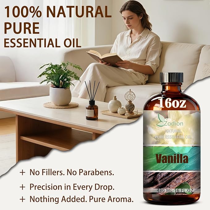 Vanilla Essential Oil, 16 fl oz (480ml) - ZODION Vanilla Fragrance Oil for Diffuser, Massage, Humidifier, DIY Candle, Soap Making, Home, Bath, Yoga