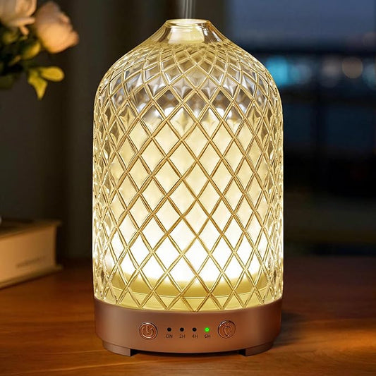 Essential Oil Diffuser 200ml-Ultrasonic Aroma Diffuser with 4 Timers, Aromatherapy Diffuser 7 Color LED Lights Auto Shut-Off Protection for Home Office (Rhombus-Glass)
