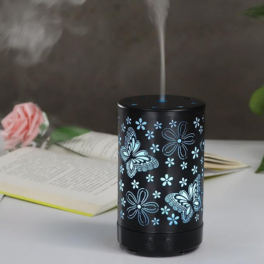Butterfly Essential Oils Aroma Diffuser, 100ML Cool Mist Humidifier, Air Diffusers Waterless Auto Off with 7 Colors Lights, for Bedroom, Office, Living Room (Black)