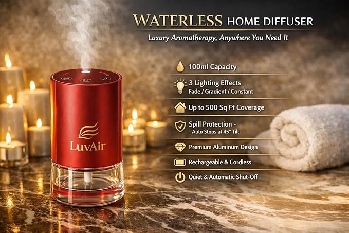 LuvAir Waterless Home Diffuser – Rechargeable Cordless Aromatherapy Machine for Large Rooms, Adjustable Mist, Essential Oil Diffuser for Home & Office (Red)