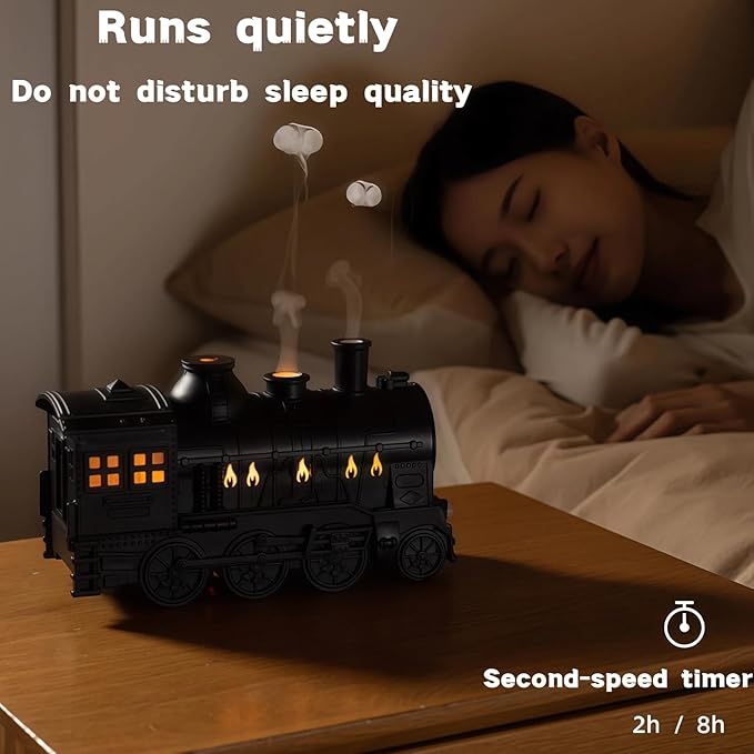 300ML Vintage Train Diffuser, Cool Mist Humidifier with Dual Modes, LED Light, Auto Shut-Off for Bedroom Office (Gold, Without Remote Control)