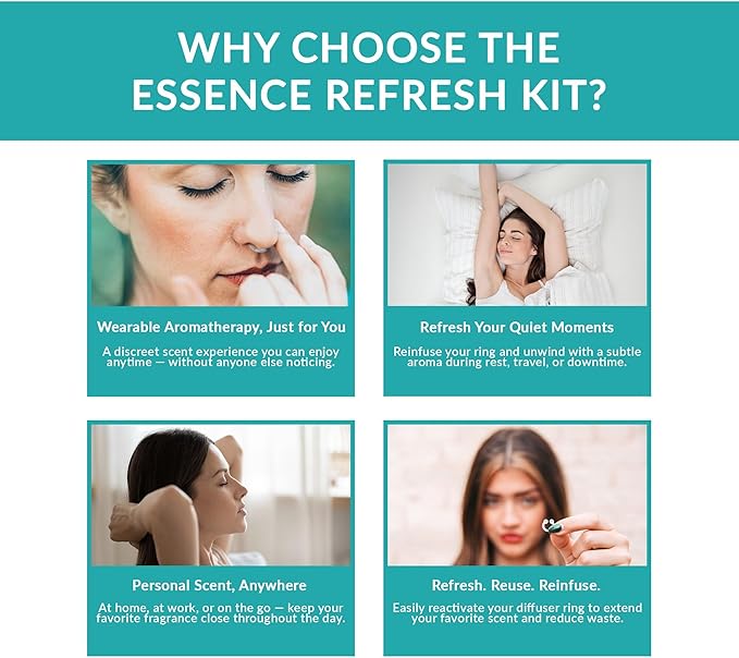 Essence Refresh Kit | Featured Blends Essential Oils | Aromatherapy Nasal Diffuser | Personal Scent Clip for Travel, Work & Everyday Use | Made in USA | Breathe Easy | White Pod