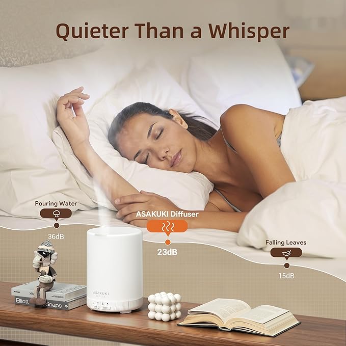 ASAKUKI Essential Oil Diffuser for Home, 300 ml Humidifier with Automatic Shut-Off, Quiet Aromatherapy Diffuser with 7 LED Lights for Living Room, Kitchen, Bedroom, Hotel, Gift for Mom - White Wood