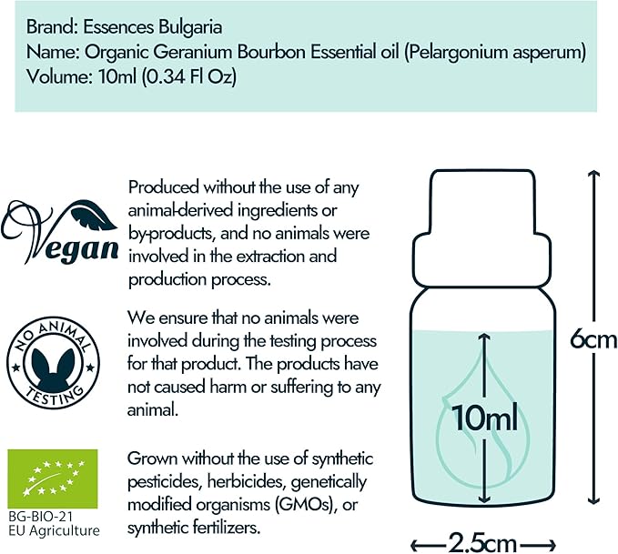 Essences Bulgaria Geranium Bourbon Essential Oil 10ml (0.34 Fl Oz) | Pelargonium asperum | 100% Pure, Natural, Undiluted | Aromatherapy, Cosmetics | Non-GMO, Cruelty-Free