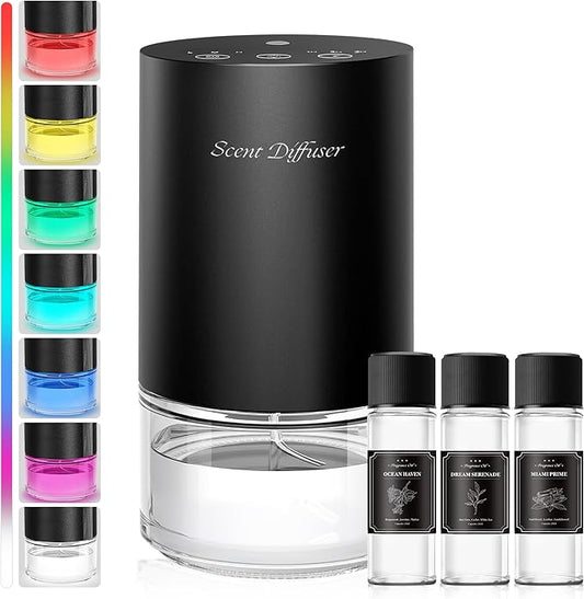 Waterless Essential Oil Diffuser Stater Kit - Included 3x20mL Essential Oils, Battery Operated, Cold Air Scent Diffuser for Home, Car, Office, Portable Diffuser with 7-Color Light, 100mL, Black