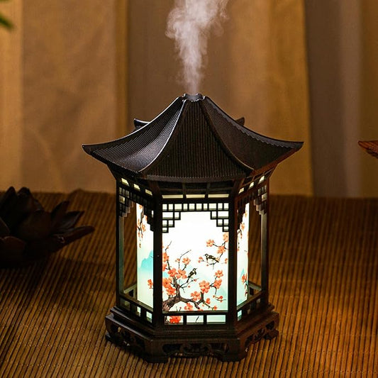 Zen Pavilion Lantern Aroma Diffuser & Night Light - 160ml Essential Oil Diffuser with 2 Mist Modes - Japanese Style Zen Garden Humidifier for Yoga, Meditation, Spa & Sleep - Warm/White Light (Dark)