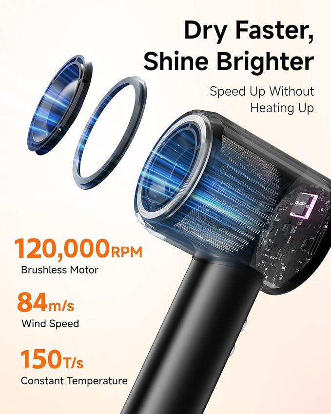 Professional Hair Dryer with Diffuser for Curly Hair, 400M Negative Ionic Blow Dryer for Fast Drying, 120,000 RPM High-Speed Brushless Motor, Low Noise Lightweight, Travel-Friendly (Silver Blue)