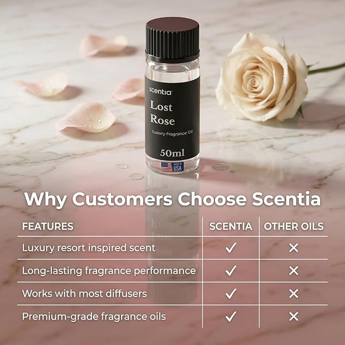 Scentia Lost Rose Hotel Scent Diffuser Oil – Luxury Fragrance Inspired by Fairmont – 50 mL – Rose, Oud Wood & Clove Essential Oil Blend for Home, Office & Aromatherapy Diffusers, Made in USA