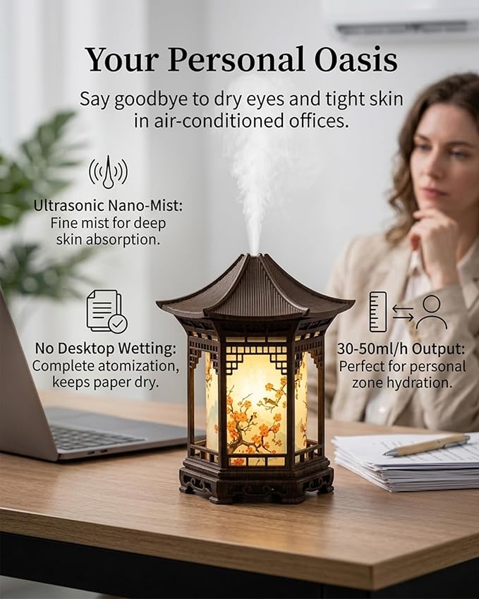 Zen Pavilion Lantern Aroma Diffuser & Night Light for Desk with 2 Mist Modes & LED Warm/White Light, 160ml Zen Office Decor USB Personal Humidifier for Yoga, Meditation, Spa & Sleep (Light)