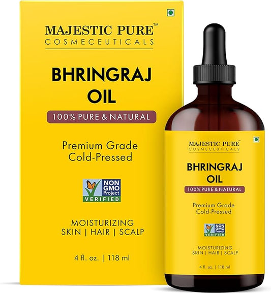 Majestic Pure Bhringraj Premium Carrier Oil 4oz (118ml) With Dropper for Hair Oiling, Scalp Massage & Skin Care