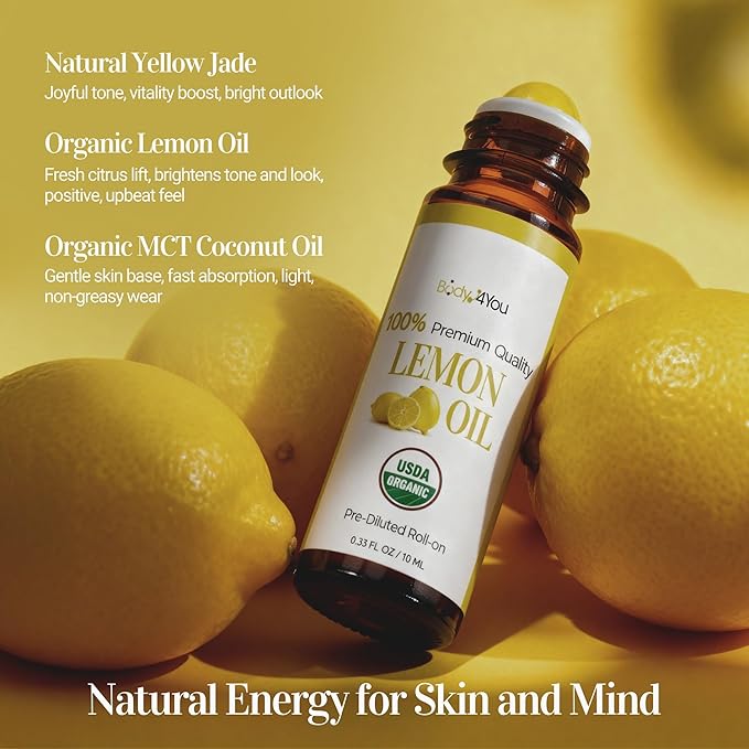 Lemon Essential Oil Roll On for Energy Mood Uplift Anxiety Relief - 100% Pure USDA Organic MCT Coconut Oil - Mental Clarity Focus Positivity Citrus Scent Perfume - Gemstone Roller 10ml Travel Size