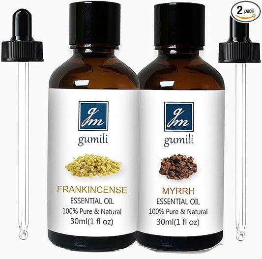 GM Gumili Frankincense and Myrrh Essential Oil Set, 2 Pack x 30ml, 100% Pure Undiluted Essential Oils for Diffuser, Aromatherapy, Meditation & Skin Care