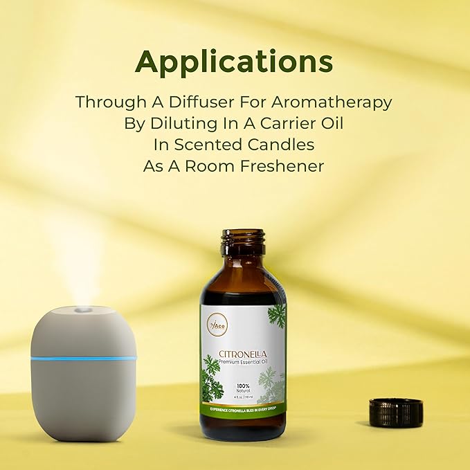 My Ace Citronella Essential Oil – 100% Pure & Natural Steam Distilled Oil – 4 fl oz Amber Glass Bottle with Dropper – Aromatherapy, Diffuser, Skin & Hair Care, Massage, Soap & Candle Making