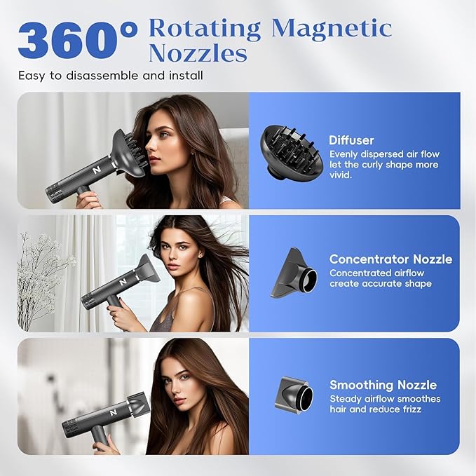 Natrial Ionic Professional Hair Dryer with Diffuser for Curly Hair,1600W&110000RPM High Speed Blow Dryer for Women,Fast Drying,Lock Function,Low Noise,Lightweight for Home Travel Salon,Medium Gray
