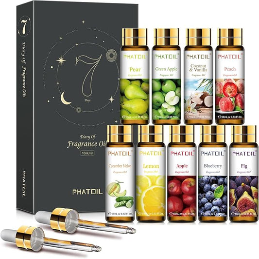 PHATOIL 9PCS Fruit Fragrance Oil Set for Soap Making Diffusers, 10ml/0.33fl.oz Cucumber Melon, Coconut & Vanilla, Peach, Pear, Green Apple, Blueberry, Apple, Fig, Lemon Fragrance Oil Essential Oils