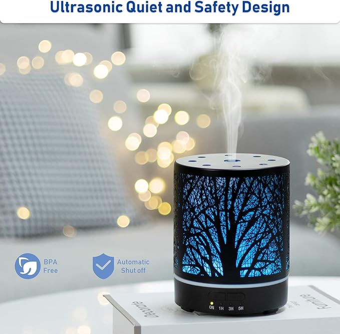 EQUSUPRO Essential Oil Diffuser 300ml Metal Electric Ultrasonic Diffuser for Large Room with Auto Shut-Off, 4 Timer Setting &7 Colors Night Light for Home (Tree-300ML)
