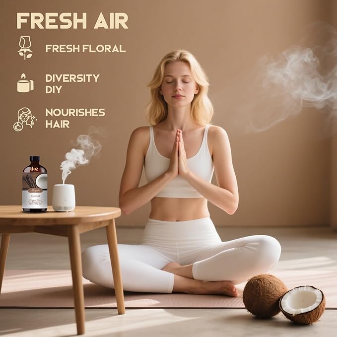 Coconut Essential Oil – MLYNKL Coconut Oils 4.33 fl oz for Diffusers, Humidifiers, Massage, DIY Candles, Soap, Cleaning, Home, Yoga, Office, Gifts - 130 ml
