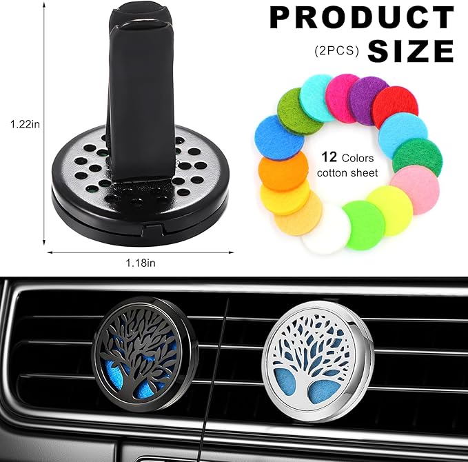 KVAEY 2PCS 30mm Car Diffuser Vent Clips, Tree of Life Aromatherapy Essential Oil Diffuser Locket with 12 Felt Pads, Stainless Steel Car Diffuser Locket Air Freshener (Style 2)