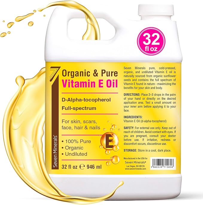 Seven Minerals Ultra Pure Vitamin E Oil - Full-Spectrum D-Alpha Tocopherol, 100% Organic Vitamin E Oil for Skin, Face, Hair, and Scars - Naturally Occurring = Not Synthetic (32 fl oz Jug)