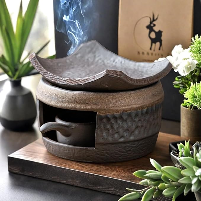 Incense Burner & Candle Warmer | Ceramic Aromatherapy Diffuser Includes Wooden Clips and Pads for Wax Melts, Dried Herbs and Palo Santo | Bedtime Calm, Meditation