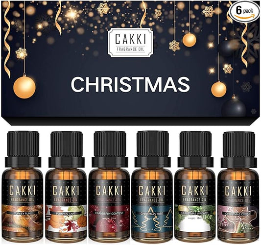 Christmas Essential Oils Gift Set, for Home, for Diffuser, 6x10mL, CAKKI Premium Grade Fragrance Oils with Christmas Tree, Cookie, Cranberry Contest, Pumpkin Cart, Turkey Run