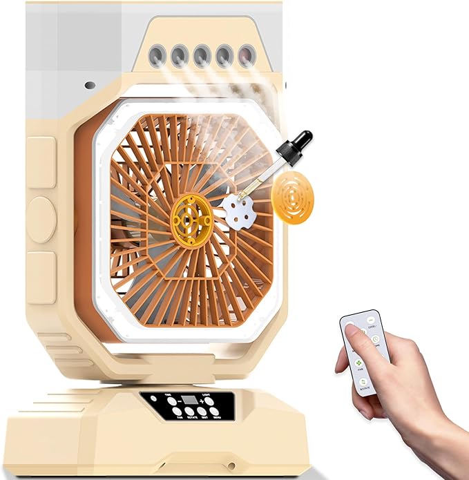 Weljoy Desk Fan 5 Sprayers Rechargeable Misting Fan for Camping & Home – 6 Speed Portable Cooling Fan with Mist 560ml Water Tank Aromatherapy Diffuser Timer 27000mAh Fast-Charging Battery(Off-White)