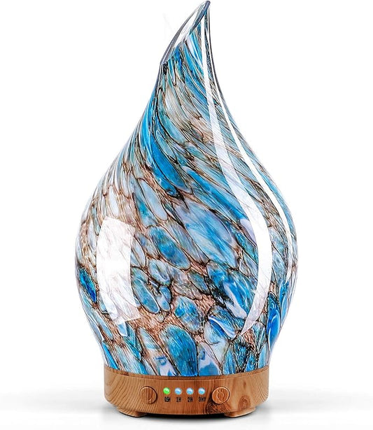 Porseme Essential Oil Diffuser Hand-Blown Glass Aroma Diffusor, Aromatherapy Unltrasonic Cool Mist deffuser, 7 Color Changing, Waterless Shut-Off, Timer Function for Home Office(150ml, Light Blue)