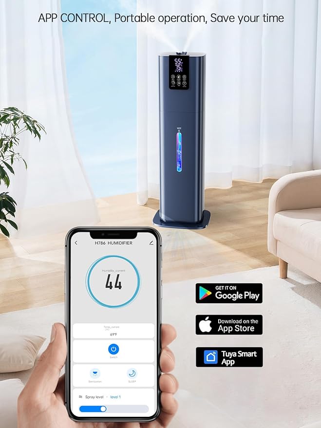 Hiswelle 8L Smart Humidifiers for Bedroom Large Room, 2.1Gal Cool Mist Top Fill Diffuser Ambient Light, App & Remote Control, 3 Mist Modes, Quiet Humidifier for Home Office Plant (Blue)