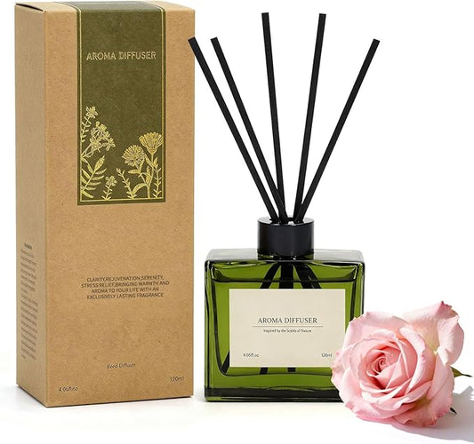 Reed Diffuser, 4 oz Rose Scent Diffuser with 7 Sticks, Long Lasting Reed diffusers for Home, Elegant Fragrance for Bathroom Bedroom Office Decor, Air Fresh
