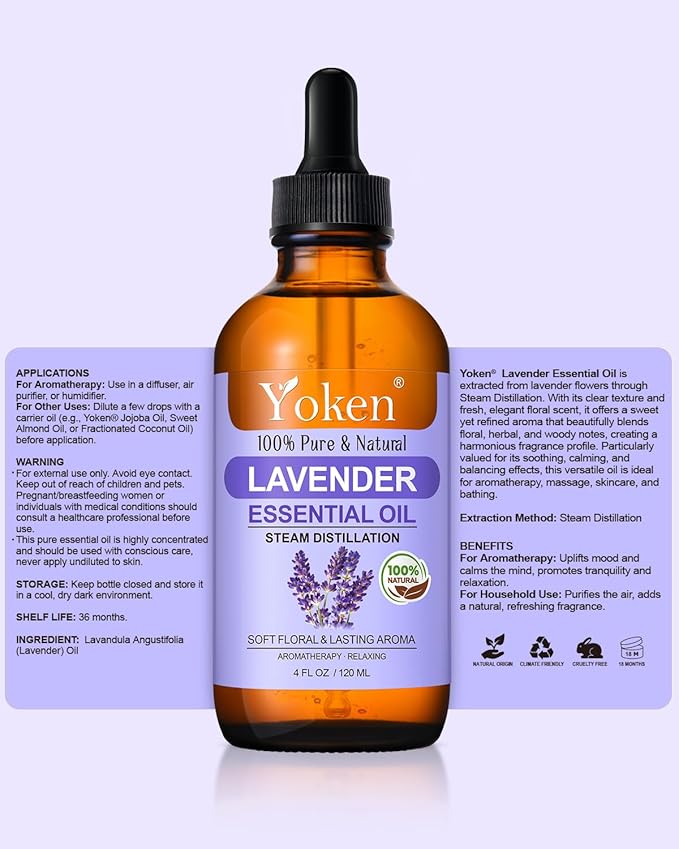 Yoken Lavender Essential Oil, 4 fl oz, Steam Distilled, Concentrated Formula with Soft Balanced Aroma, Without Added Fragrance