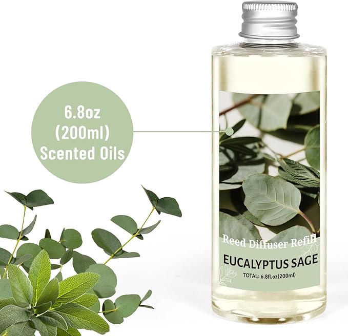 STRN Reed Diffuser Oil Refill, Eucalyptus Sage Scented Reed Diffuser Set, 6.8 fl.oz（200ml, Reed Diffuser Refill for Home Fragrance, Bedroom, Bathroom Office Home Decor