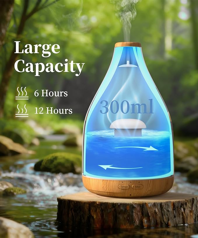 300ML Essential Oil Diffuser, Quiet Aromatherapy Diffuser Mist Humidifier with 7 Colors Light, Auto-Off, 1H/3H/6H Timer, Ultrasonic Room Scent Diffuser for Home, Office, Brown (No Remote)