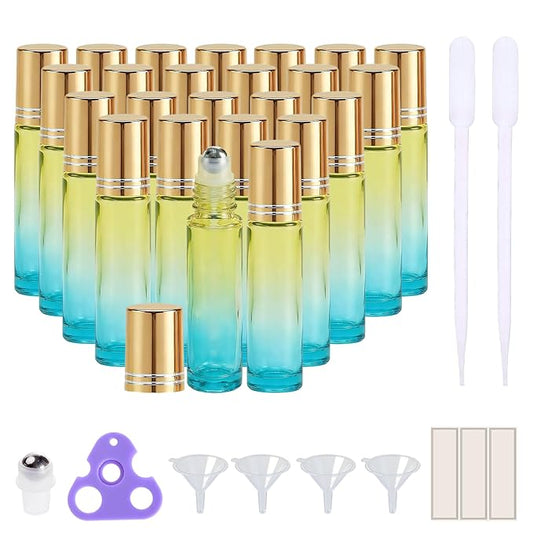 PrettyCare 24 Pack, 10 ml Essential Oil Roller Bottles with Stainless Steel Roller Ball - Refillable Leak-proof Empty Thick Blue& Yellow Glass Roll on Bottles with Golden Caps for Travel, Perfume
