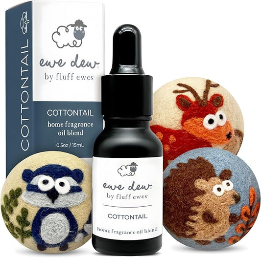 Hustle & Blush Essential Oils Blend and Wool Dryer Balls Bundle Laundry Set, Reduces Drying Time, Chemical Free with Long Lasting Fresh Scent Laundry Supplies - Hedgehog 3 Pack & 15 ml Cottontail Oil