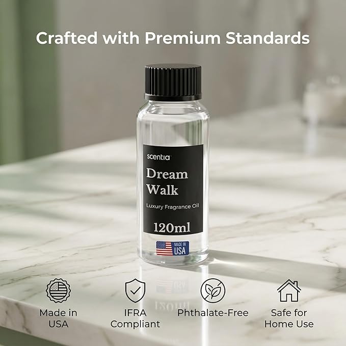 Scentia Dream Walk Diffuser Oil Refill – Hotel Fragrance Oil Inspired by 5-Star Spa Resort – 120 mL – White Tea, Cedarwood & Amber Long-Lasting Scent for Ultrasonic & Waterless Diffusers, Made in USA